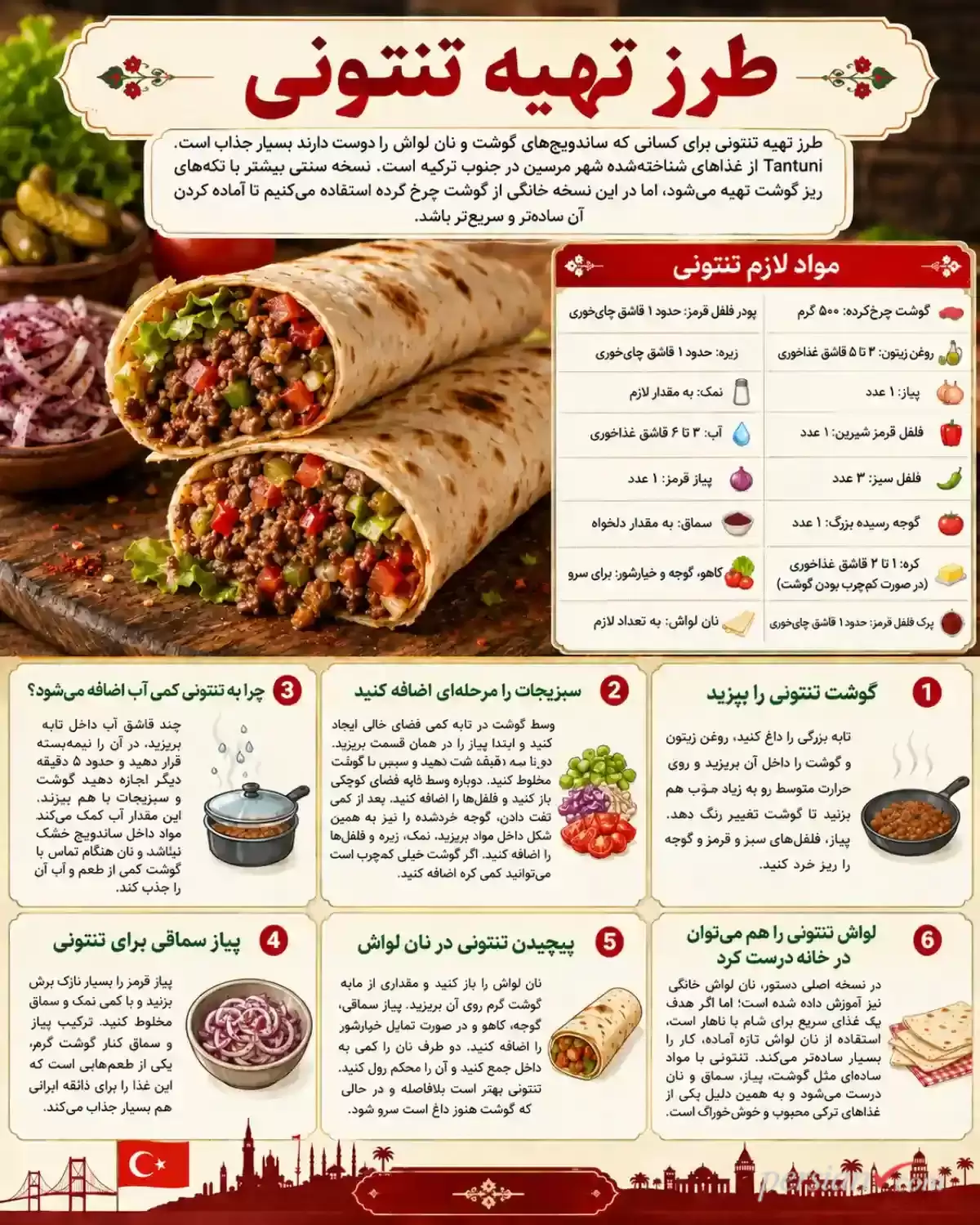 طرز تهیه تنتونی؛ ساندویچ گوشت ترکی سریع و خوشمزه با لواش و سماق